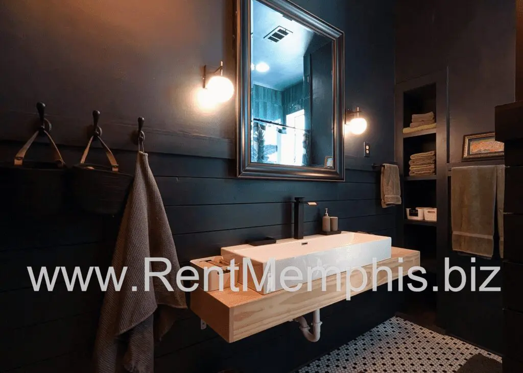 Dark bathroom with sink, mirror, and towels